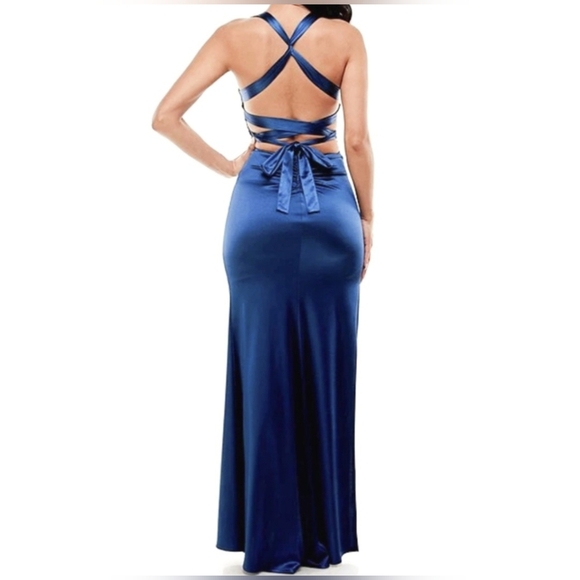 B. Darlin Marine Blue Satin Strappy Back Dress - Picture 3 of 10